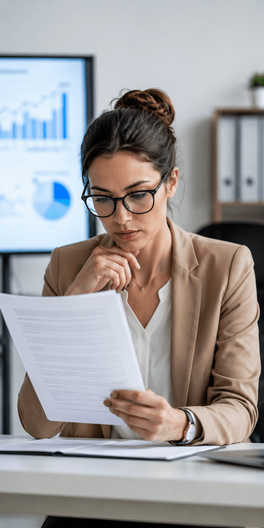 Professionnelle analysant des documents dans son bureau